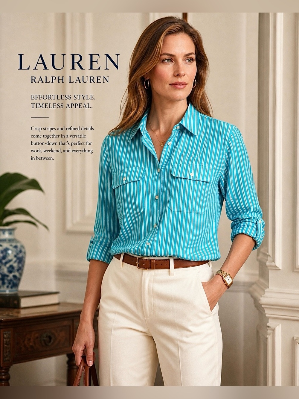 LAUREN RALPH LAUREN COTTON TEAL STRIPED LIGHTWEIGHT LONG SLEEVE  BUTTON UP TOP L